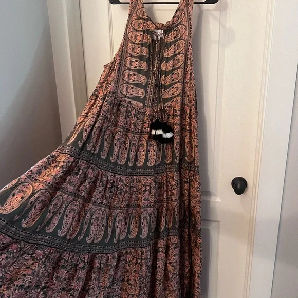 Anthropologie Omika Paola Maxi Dress, Size M, Pink & Olive Green, Boho, Pockets - Picture 3 of 10